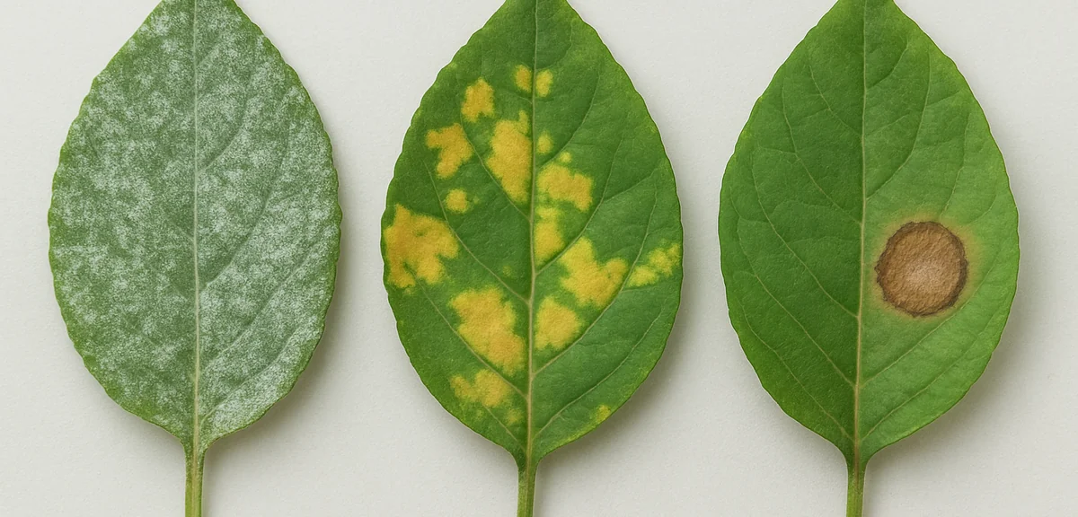Comparison of three diseased leaves laid side by side showing powdery white coating, angular yellow