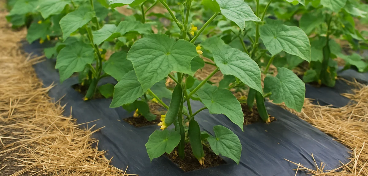 Cucumber plants growing over black plastic mulch with straw on the soil surface, preventing rain spl