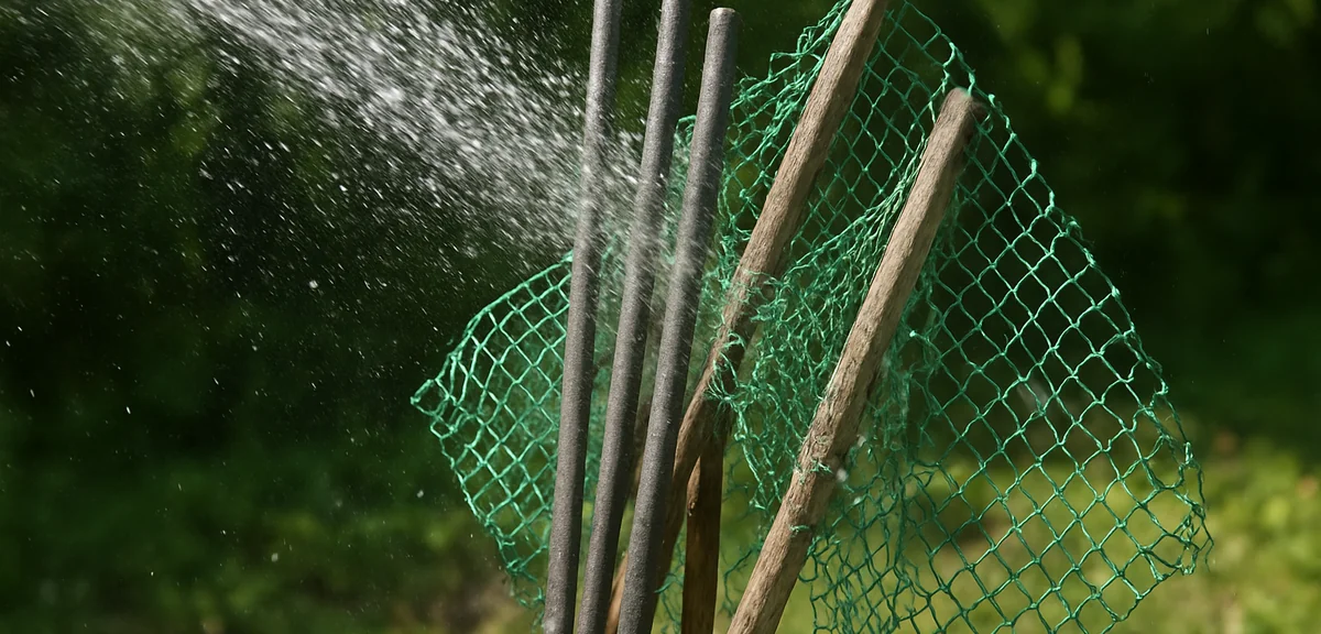 Garden stakes and netting being washed with water and left to dry after the growing season, end of s