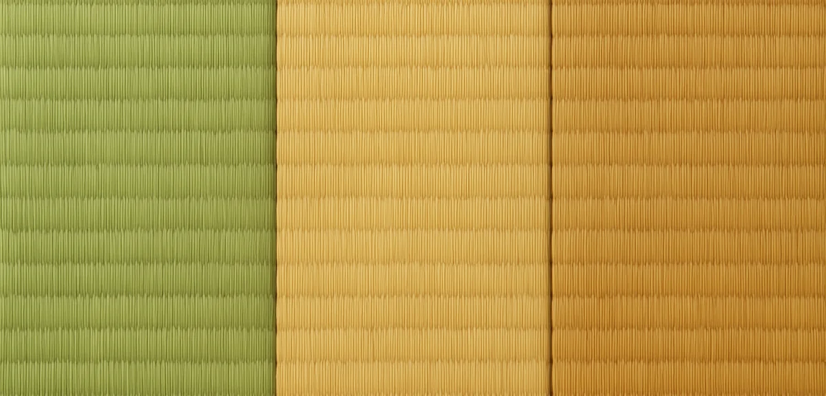 Three tatami samples side by side showing new bright green, one year old yellowish, and five year ol
