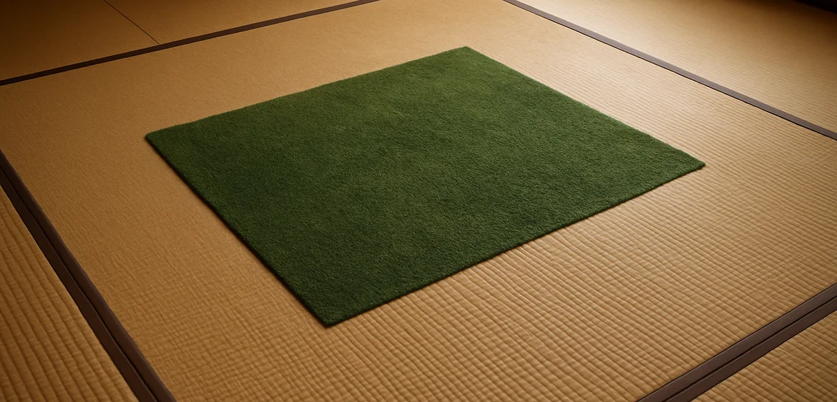 A tatami floor showing a distinct rectangular green patch where a rug had been placed, surrounded by