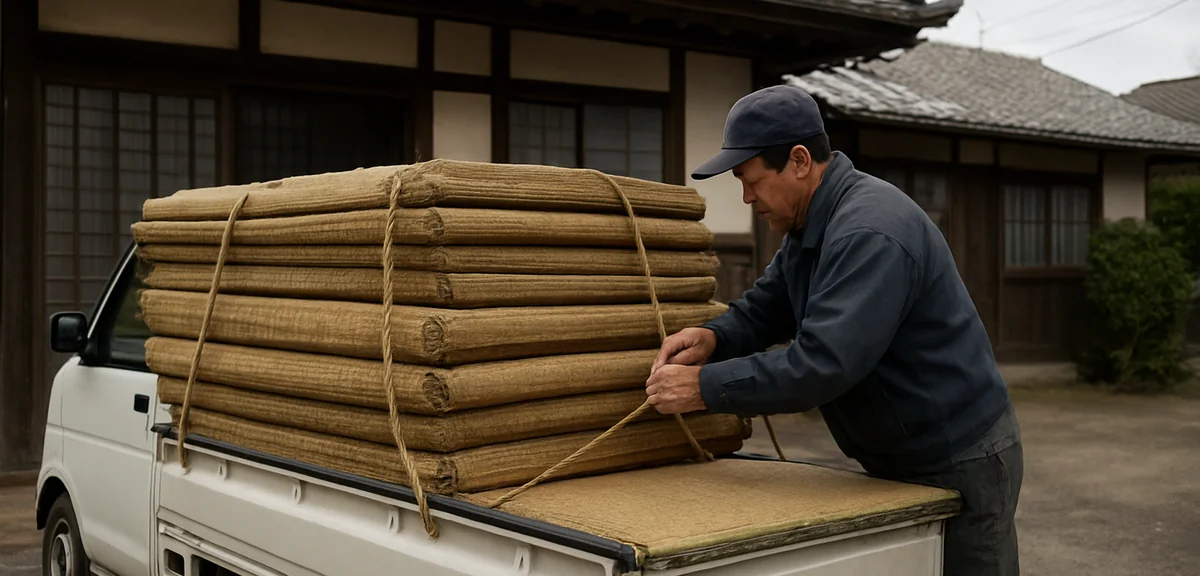 Old tatami mats loaded onto a small truck outside a japanese house, a worker securing them, overcast