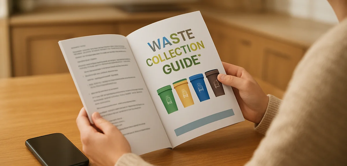 A person reading a local government waste collection guide booklet at a kitchen table with a smartph