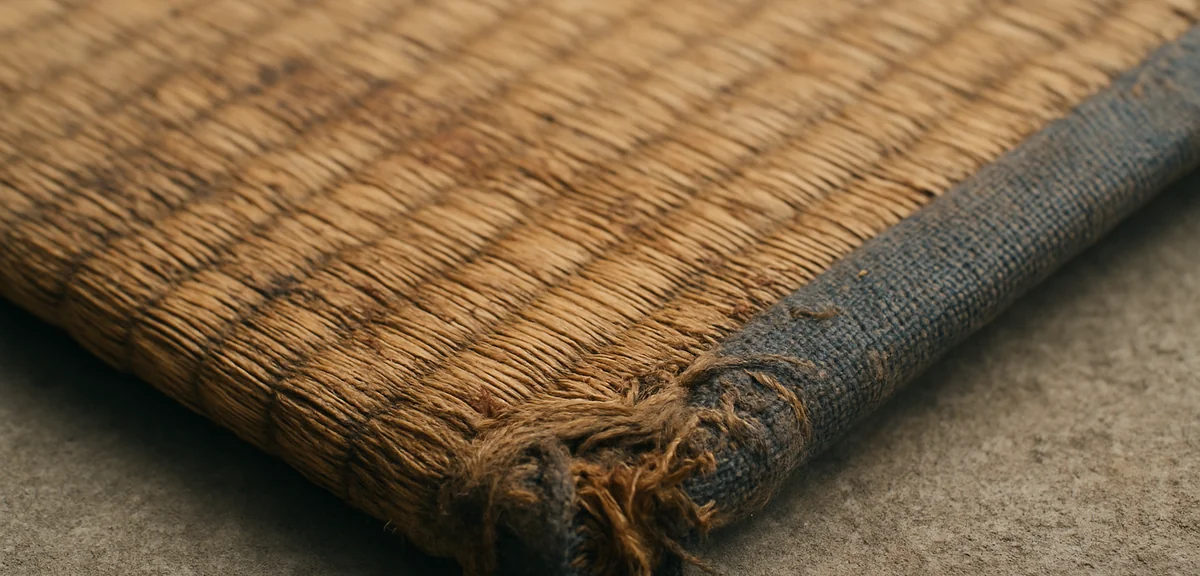 Close up of a worn old tatami mat corner showing frayed edge binding and discolouration, outdoor day
