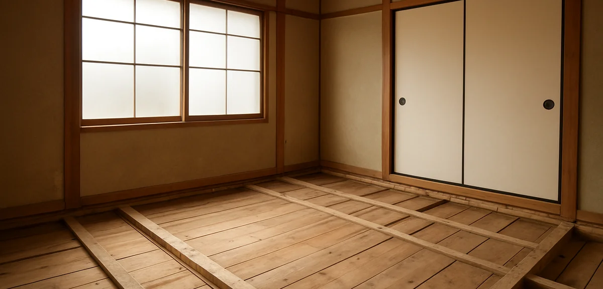 An empty japanese room with the tatami mats removed showing the bare wooden subfloor, sunlight from