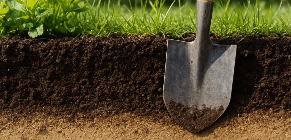 Cross section diagram style view of a garden bed with dark topsoil layer above a pale compacted subs