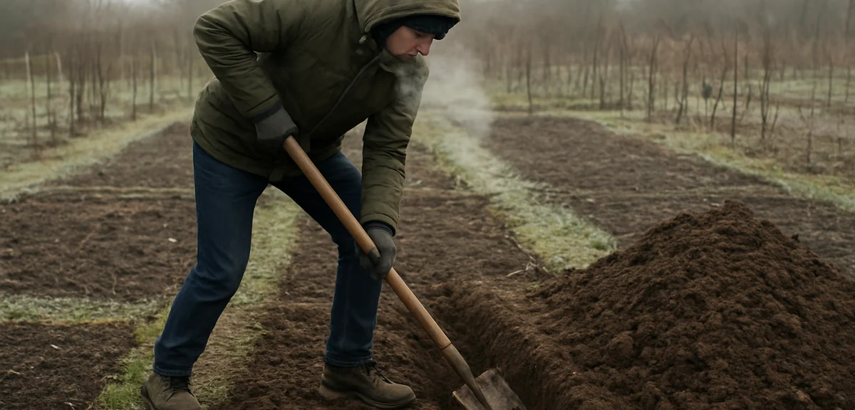 A person digging a trench across a bare winter vegetable plot with soil piled to one side, breath vi