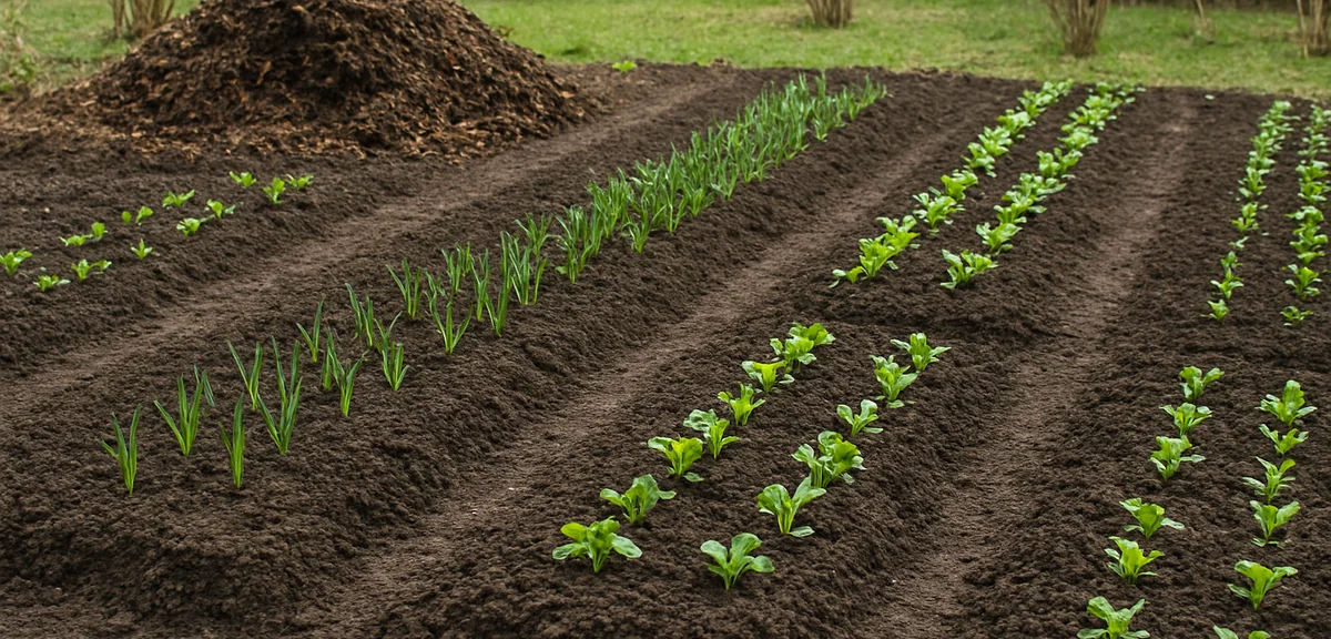 A well established home vegetable garden in early spring with dark crumbly soil freshly raked into l