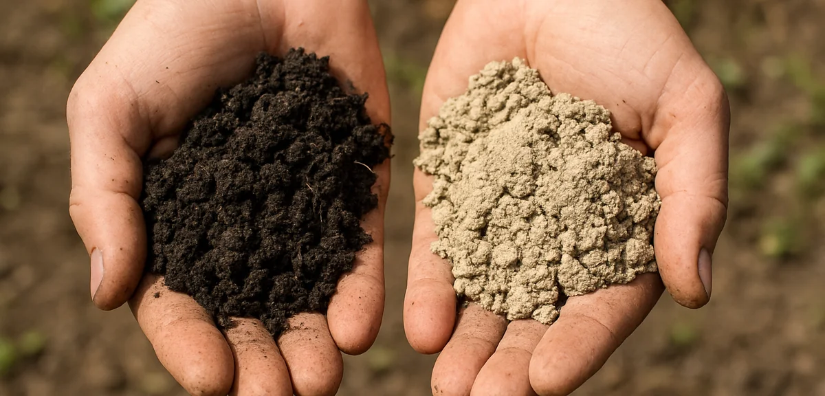 Close up of two handfuls of soil held side by side, one dark and crumbly with organic matter, the ot