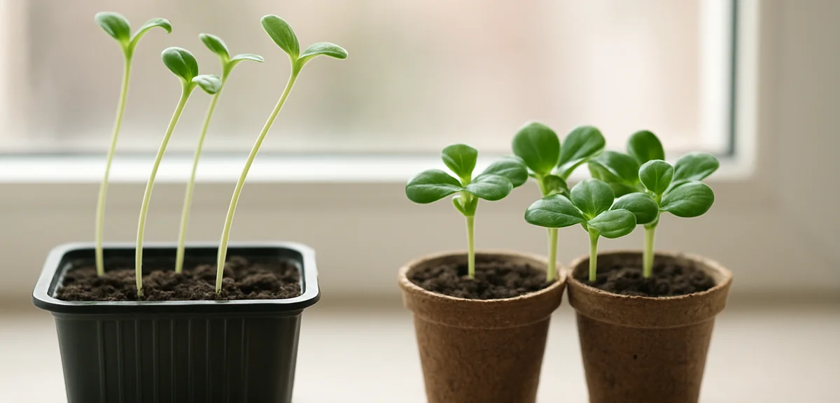 Leggy seedlings with thin tall stems leaning to one side next to sturdy compact seedlings in small p