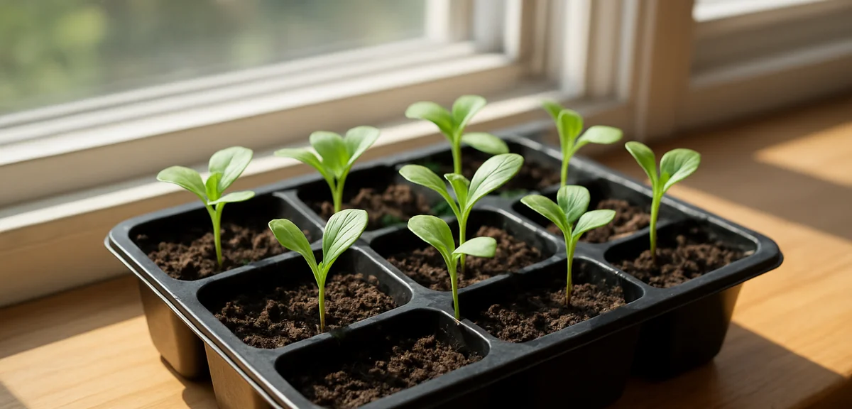 Young vegetable seedlings in a seed tray on a sunny windowsill with the window slightly open for air
