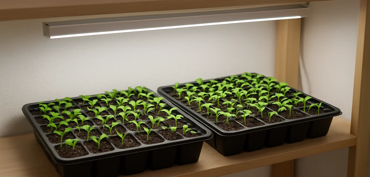 Seedling trays under a slim plant grow LED light on an indoor shelf, healthy compact green seedlings