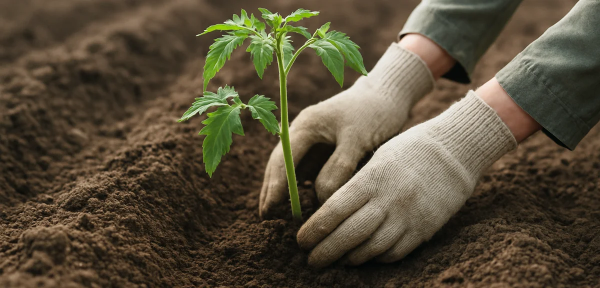 A leggy tomato seedling being planted sideways in a shallow trench with its lower stem covered by so