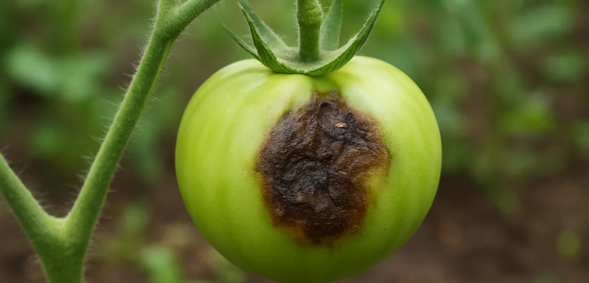 A green unripe tomato fruit on the vine with a sunken irregular dark brown lesion spreading across i