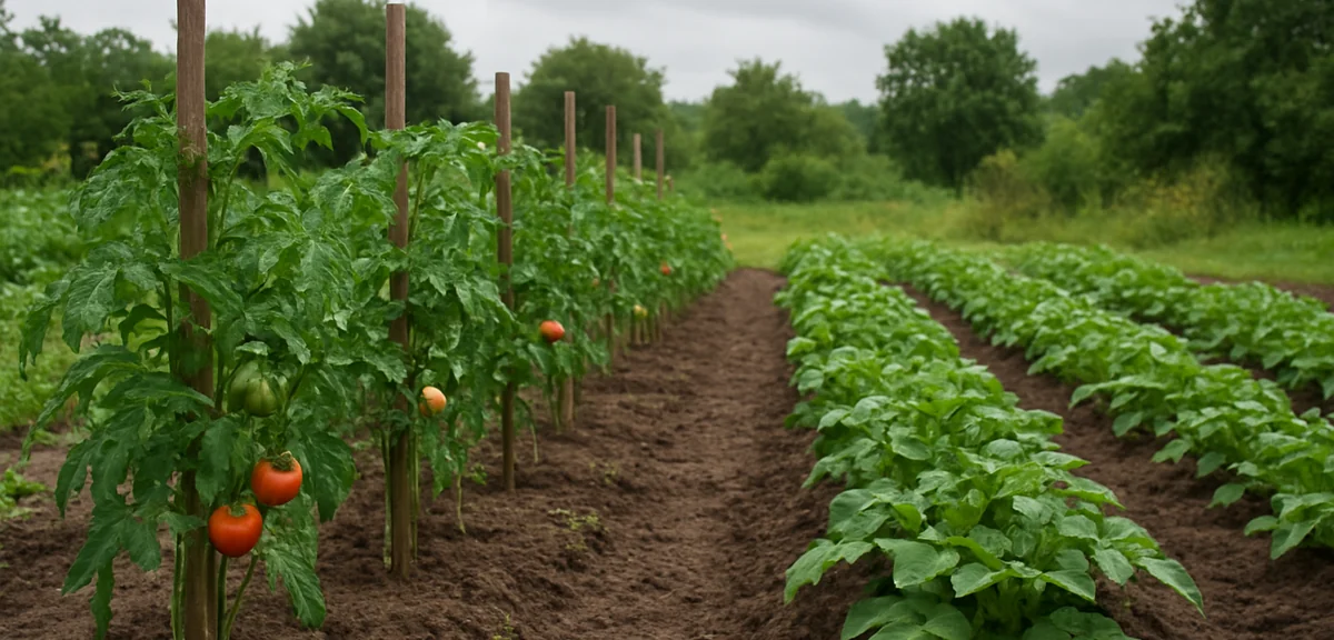 A home vegetable garden with a row of staked tomato plants and a potato bed a short distance away, b