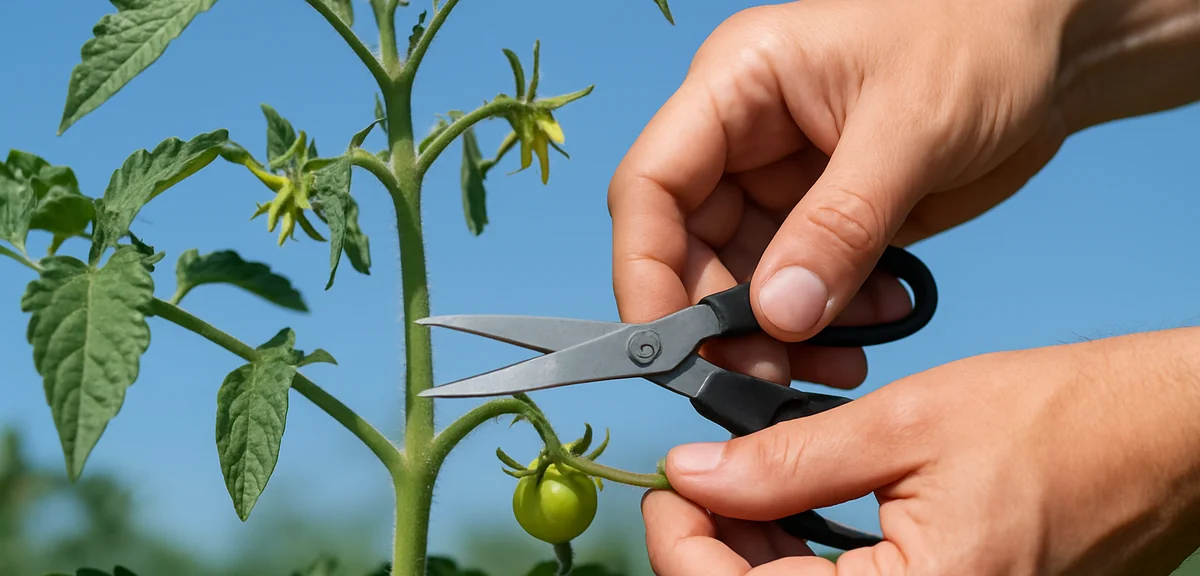Gardener pruning a side shoot from a tomato plant with clean scissors on a sunny dry morning, clear