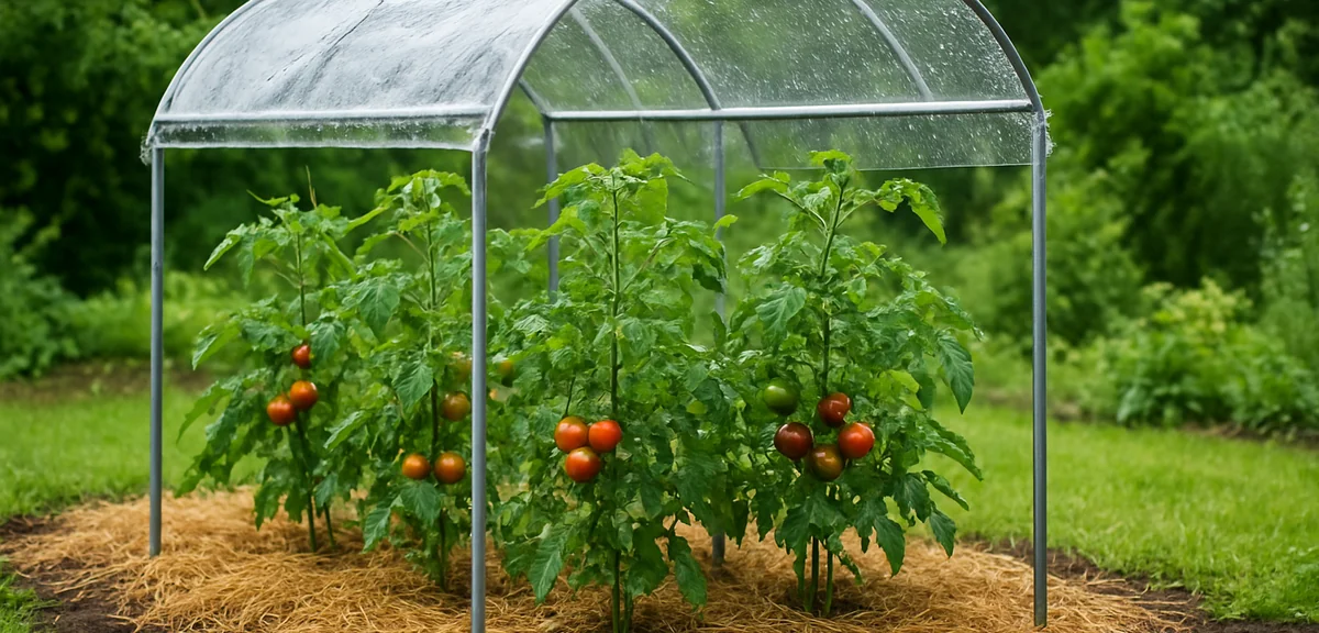 Tomato plants growing under a simple clear rain shelter frame in a home garden, soil covered with st