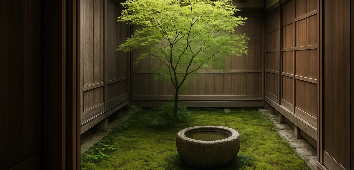 A narrow enclosed courtyard garden between two wooden buildings with a stone water basin, moss groun