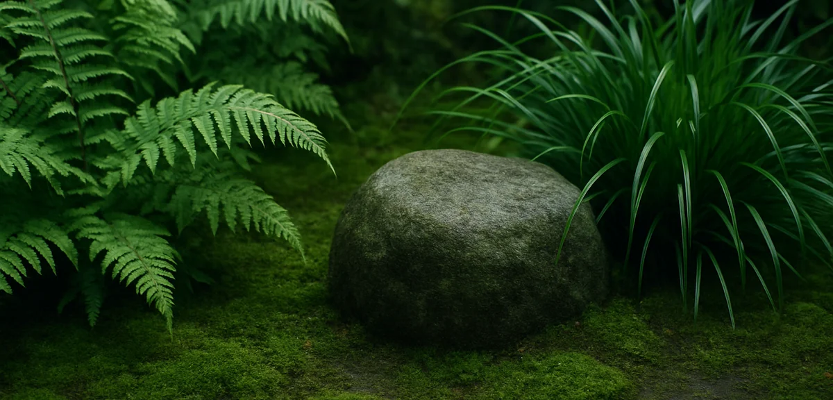 Close up of a shaded japanese courtyard planting with ferns, liriope and moss around a low stone, da