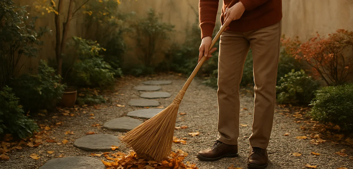 A person sweeping fallen leaves from a small enclosed courtyard garden with a bamboo broom, stepping