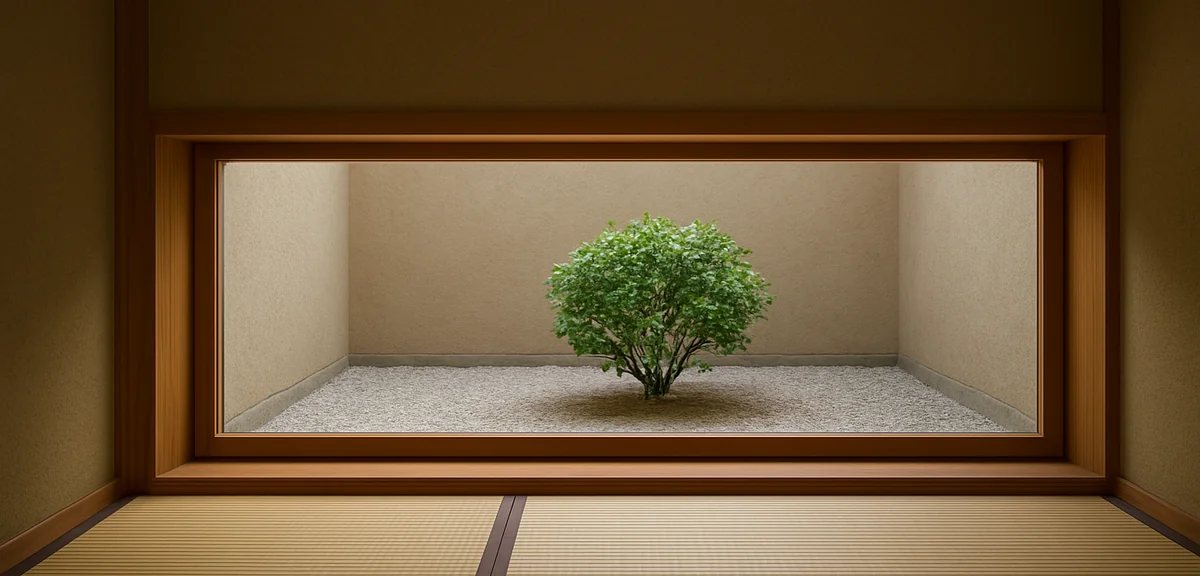 View from inside a tatami room through a low horizontal window framing the base of a small courtyard