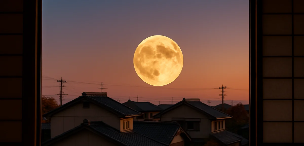 A bright nearly full moon rising low in the eastern sky above rooftops at dusk, seen from a Japanese