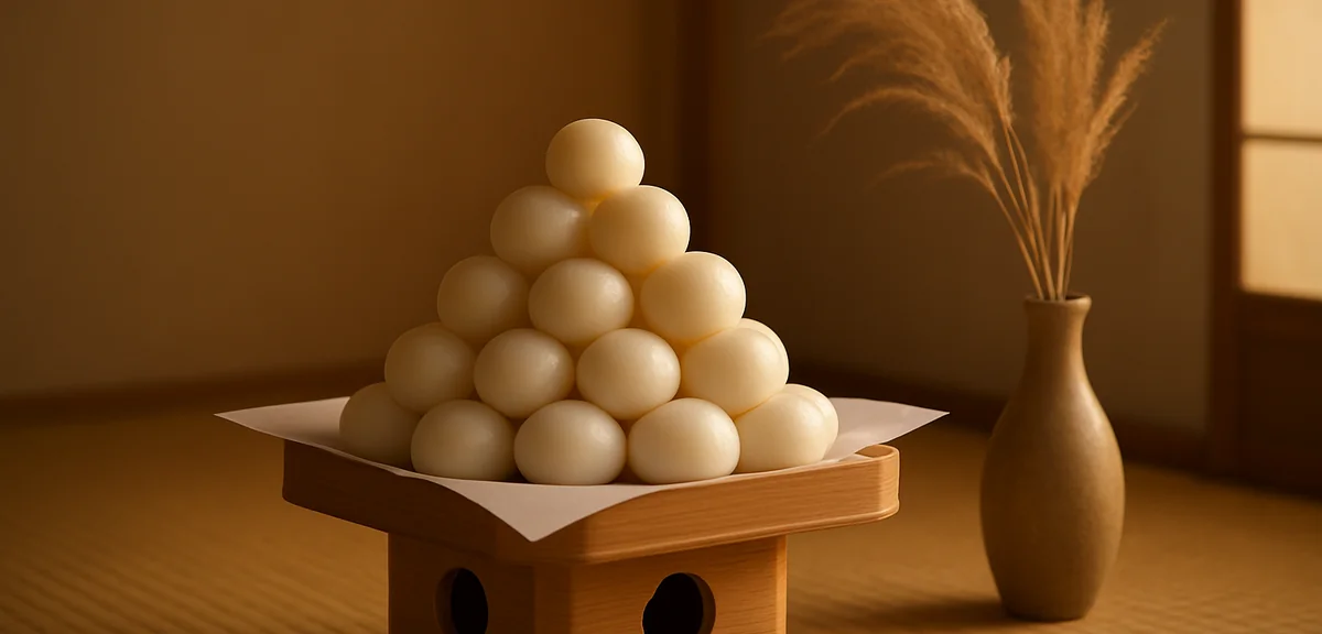 Fifteen white rice dumplings stacked in a pyramid on a wooden sanbo stand with white paper, pampas g
