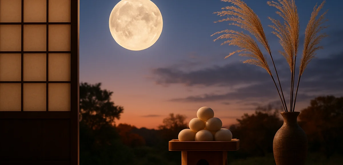 Moon viewing offerings of rice dumplings and pampas grass set on a wooden veranda facing the eastern