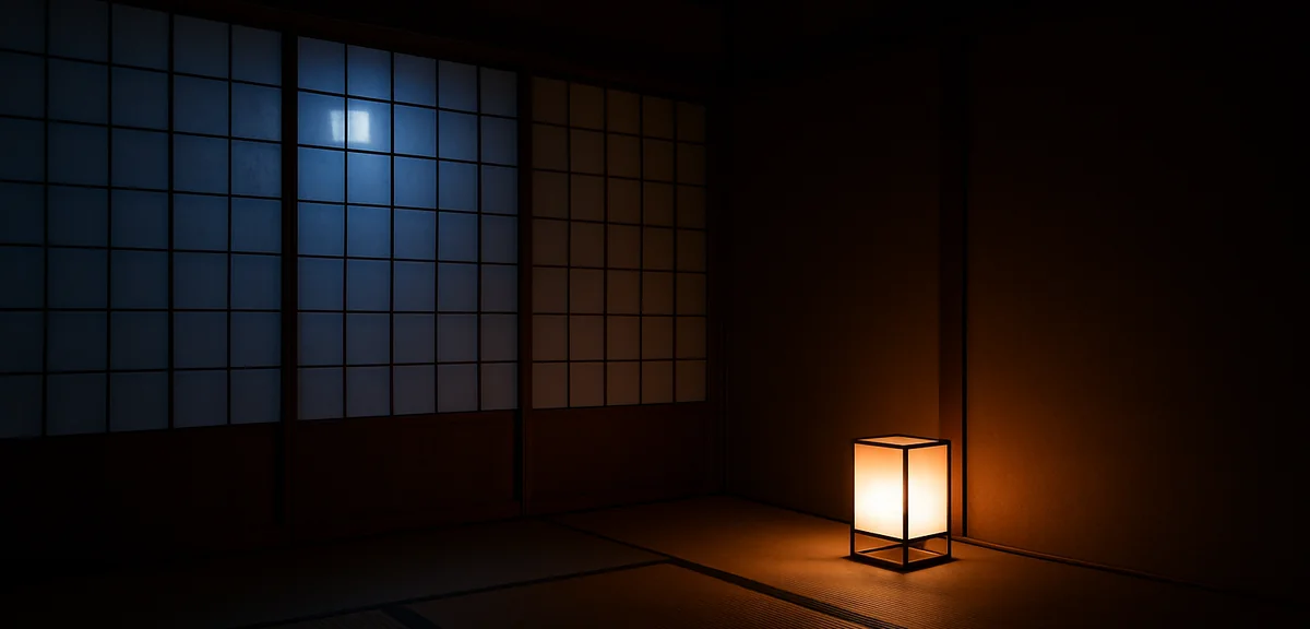 A dimly lit tatami room with shoji screens glowing softly from moonlight outside, a low lantern styl