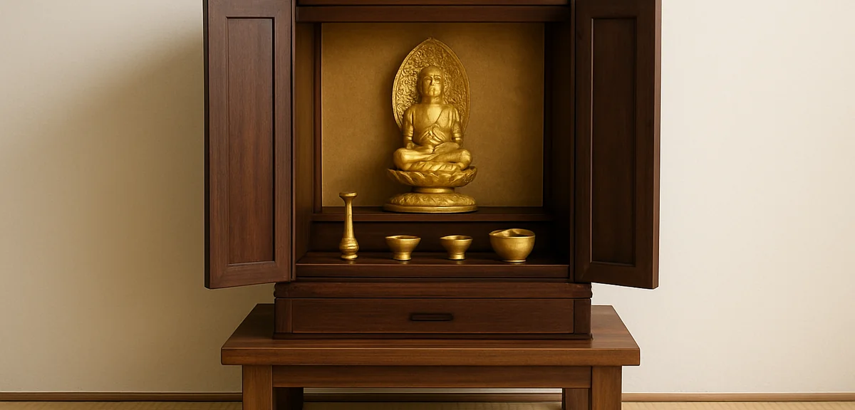 A Buddhist altar cabinet resting on a wooden stand placed on tatami flooring, showing how the base p