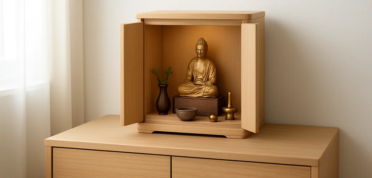 A compact modern Buddhist altar placed on top of a low wooden chest in a bright room, showing a spac
