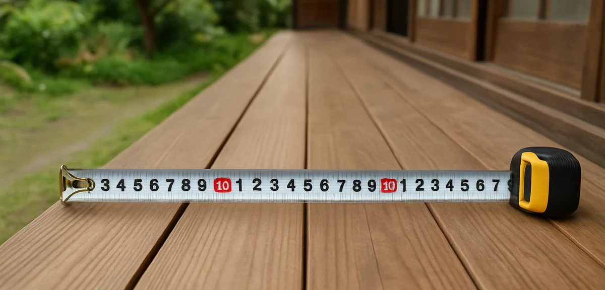 Measuring tape stretched across the width of a wooden engawa veranda floor, showing its narrow depth