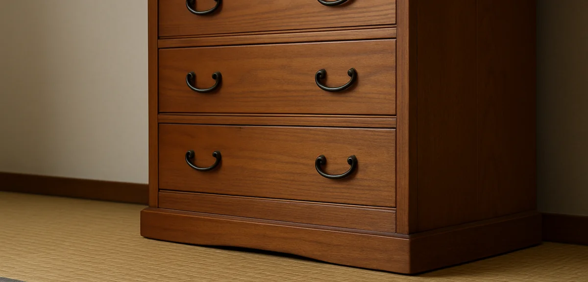 A tall chest standing on tatami showing slight indentation and tilt at its base, close up documentar