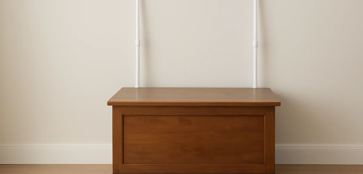 Two tension rods installed at the rear corners on top of a chest with a wedge stopper under its fron