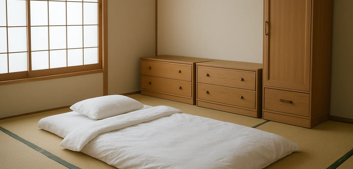A tatami bedroom laid out with futon away from tall furniture, low chests along the wall, safe layou