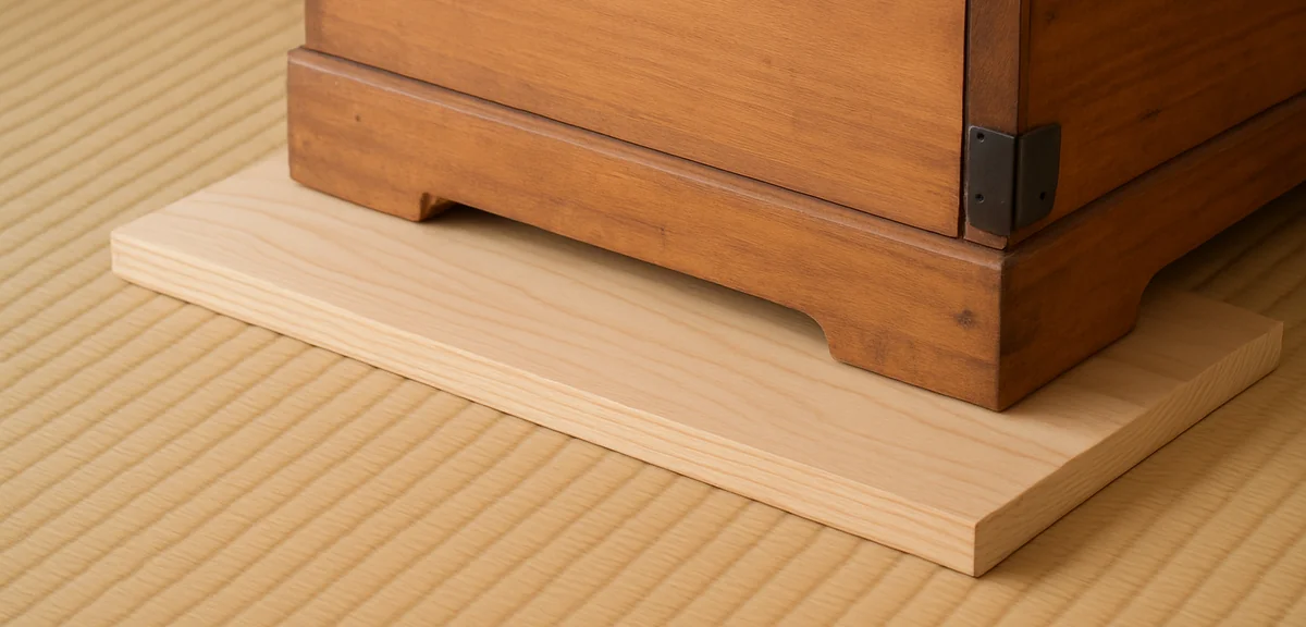 A wooden board placed under the feet of a chest on tatami to spread the load, close up showing the p
