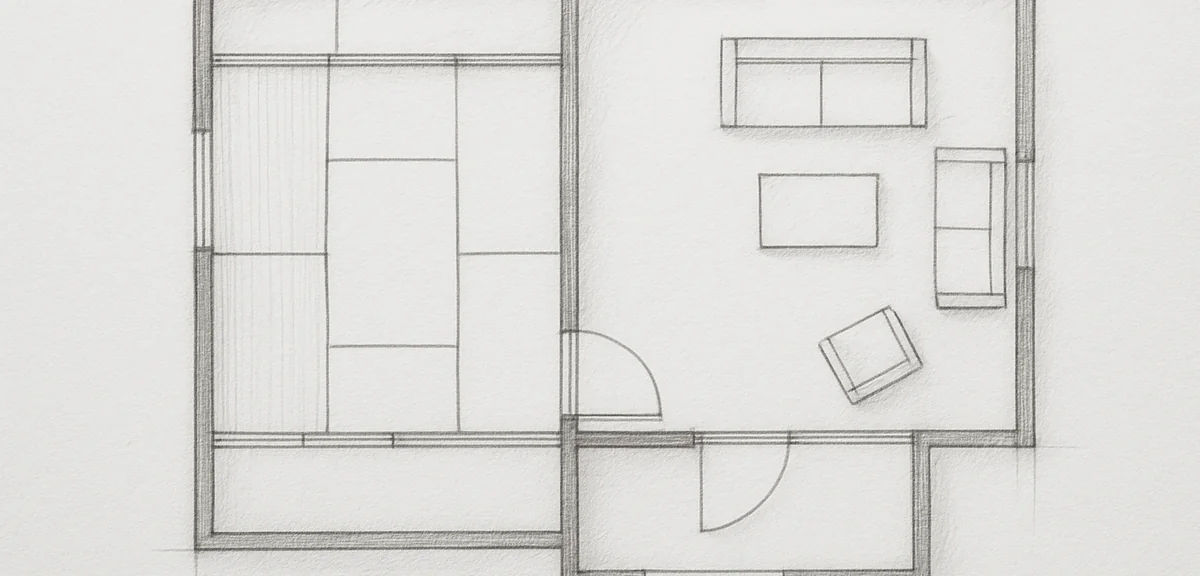 Floor plan style top down view of a house layout with a tatami room adjacent to a living room, drawn