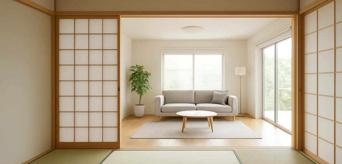 A tatami space next to a living room with shoji screens slid open into the wall, showing a wide cont
