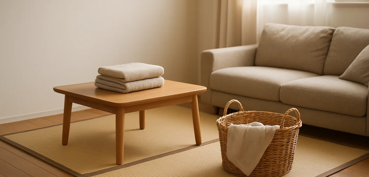 A small tatami corner beside a living room used for folding laundry with a low table and a basket, e