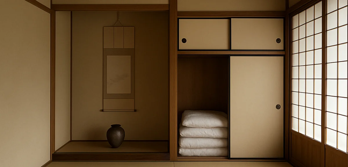 An independent Japanese style guest room with a tokonoma alcove and closed shoji, futon stored in a 