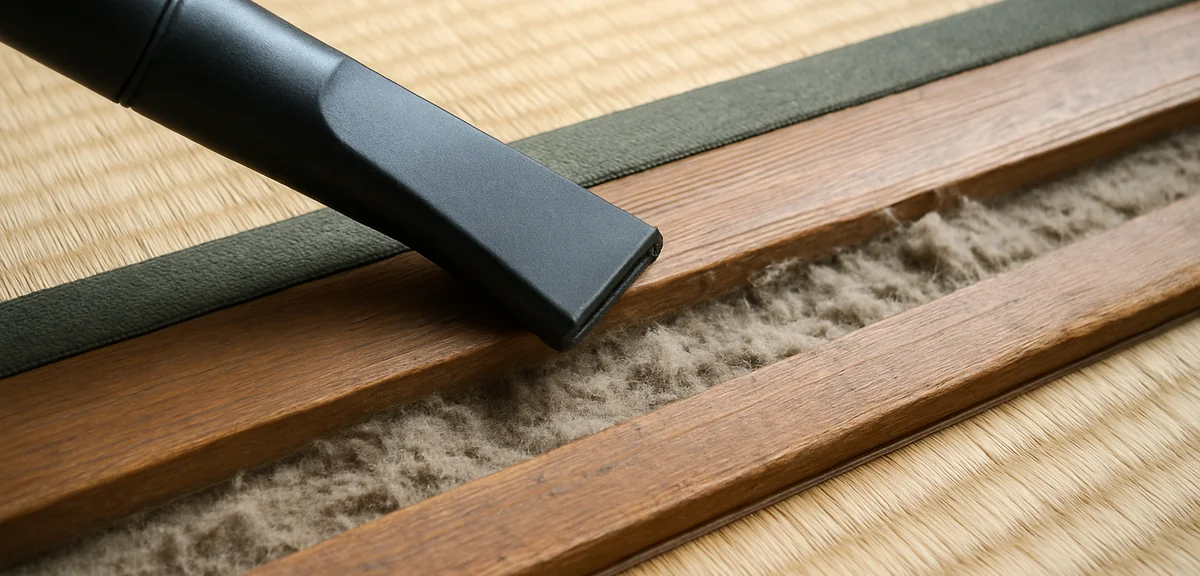 A close up of a wooden threshold groove filled with dust and fibers, with a vacuum nozzle beside it,