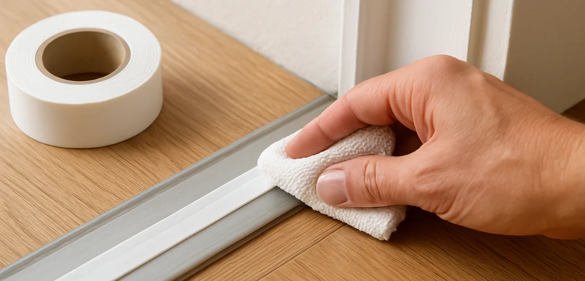 A roll of sliding tape being pressed into a threshold groove with a cloth, showing the straight appl