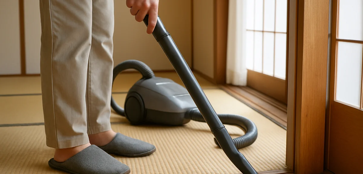 A person vacuuming the groove of a threshold with a narrow nozzle attachment as routine maintenance,