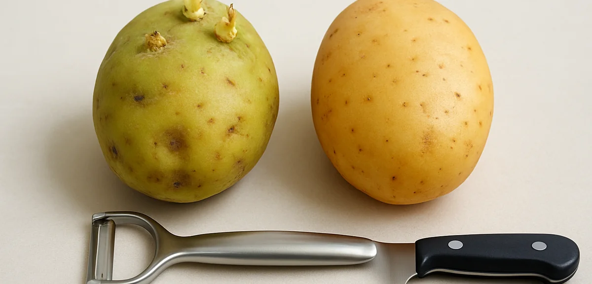 Two potatoes side by side, one with green tinged skin and sprouts and one healthy, with a peeler and