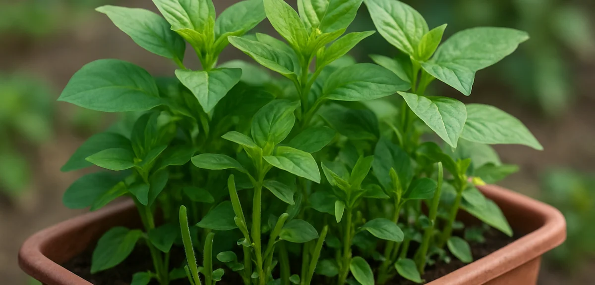 Moroheiya plants in a planter with young harvestable leaves at the top and seed pods forming lower d