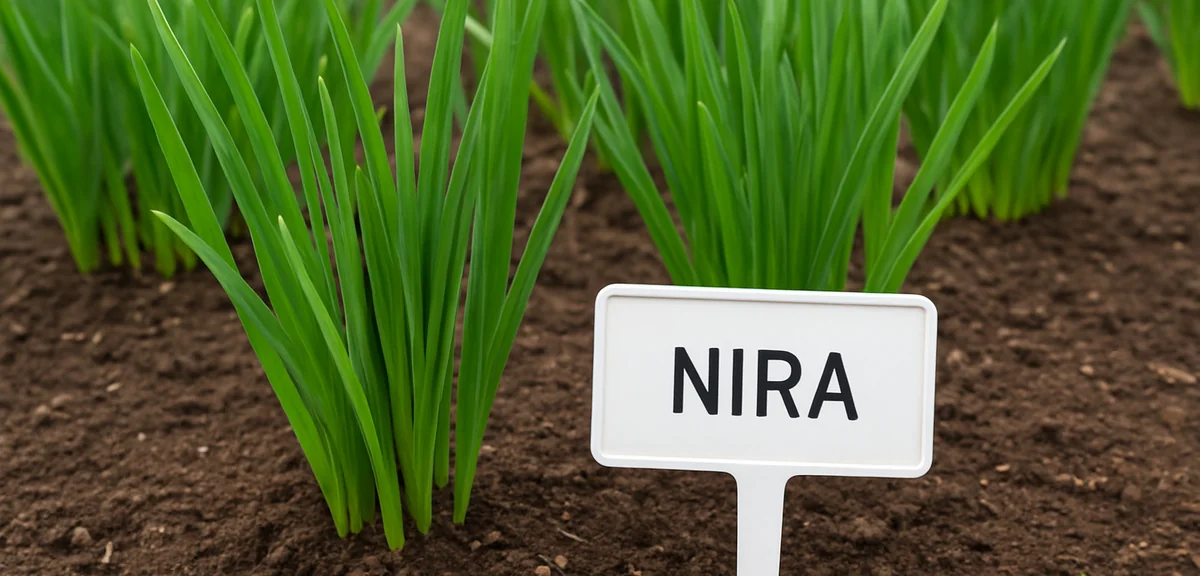 A row of narrow green leaves with a name plate in a garden bed clearly labeling nira, planted well a