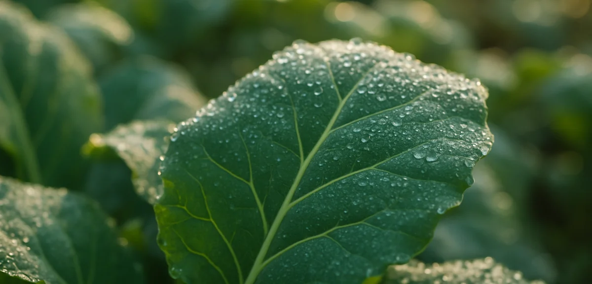 Close up of vegetable leaves covered with a fine even mist of droplets in early morning light, home