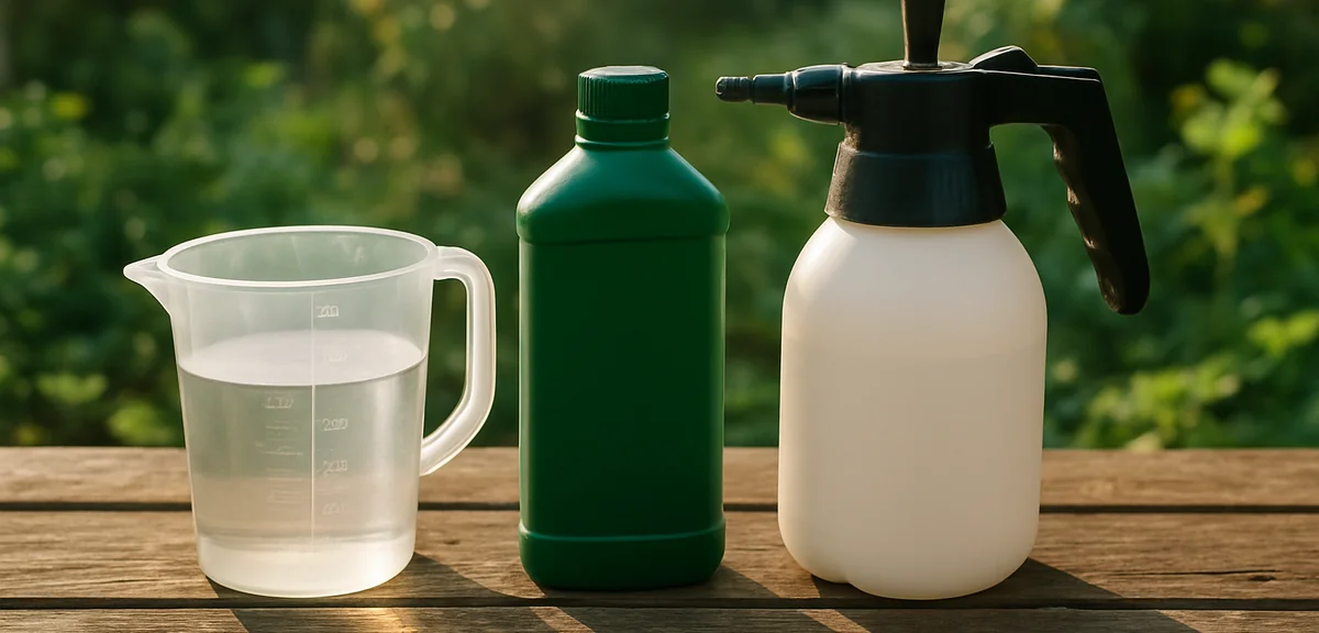 A measuring cup and a bottle of liquid fertiliser beside a garden sprayer on a wooden bench, morning