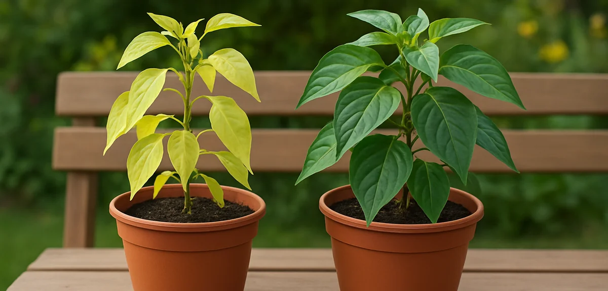 Comparison of two pepper plants in pots, one with pale yellowing young leaves and one with healthy d