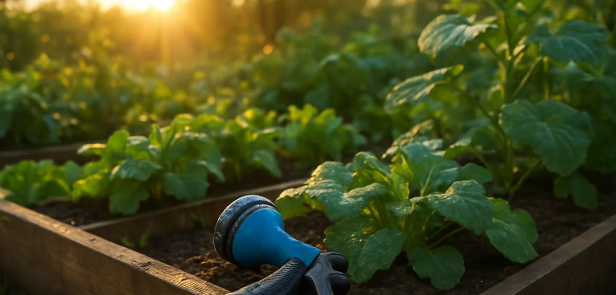 Early morning home vegetable garden with a watering sprayer resting on a raised bed, dew on leaves,